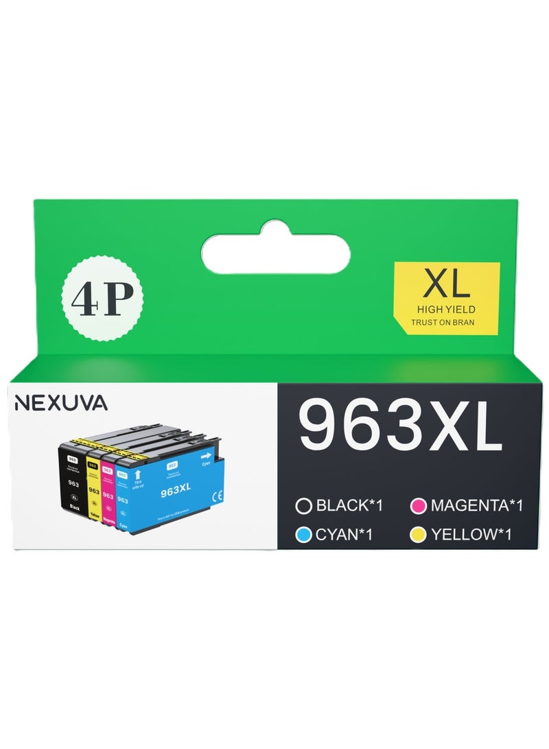 نيكسوفا عبوة متعددة من خراطيش حبر NEXUVA 963XL (أسود، سماوي، أرجواني، أصفر - 4 خراطيش، مزودة بشريحة) - متوافقة مع طابعات HP OfficeJet Pro من سلسلة 9010، 9012، 9020، 9014، 9015، 9016، 9018، 9019، 9022، 9025 - Image 1